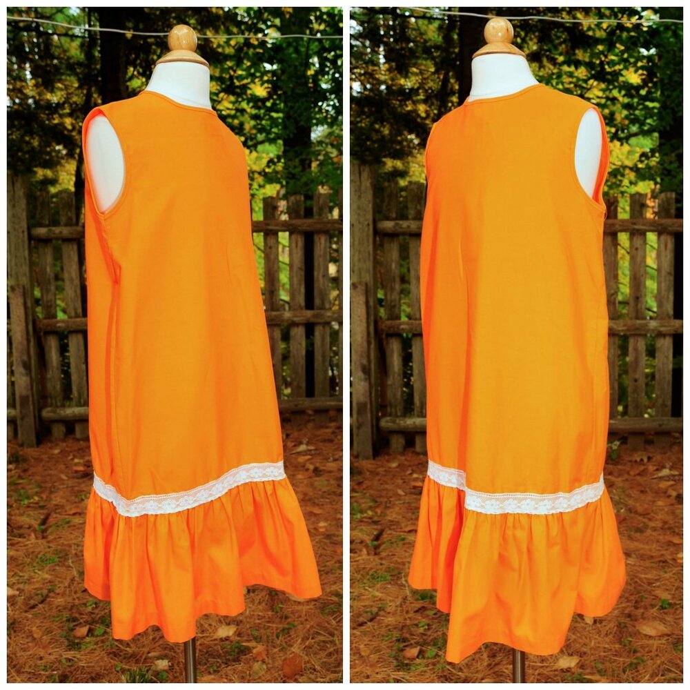 Vintage 1960's Girls Bright Orange Cotton & Lace Shift Sheath Dress Size 16